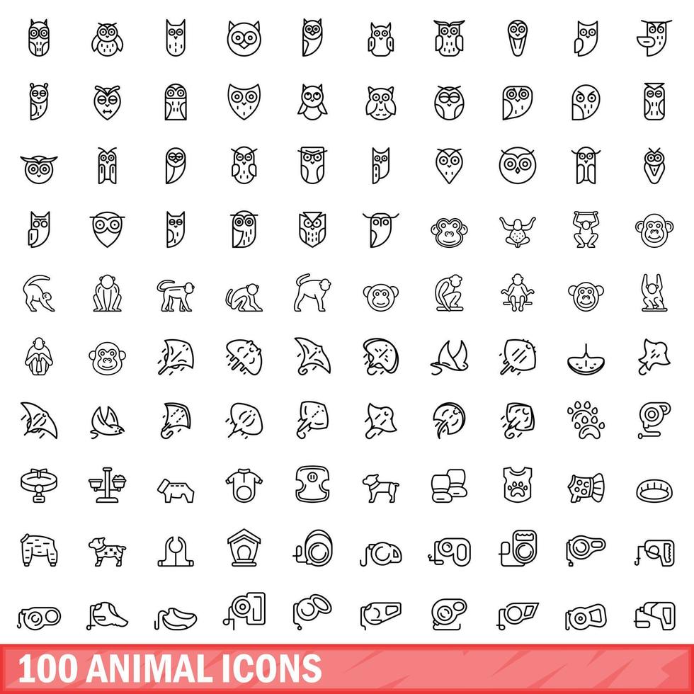 100 icone animali impostate, stile contorno vettore