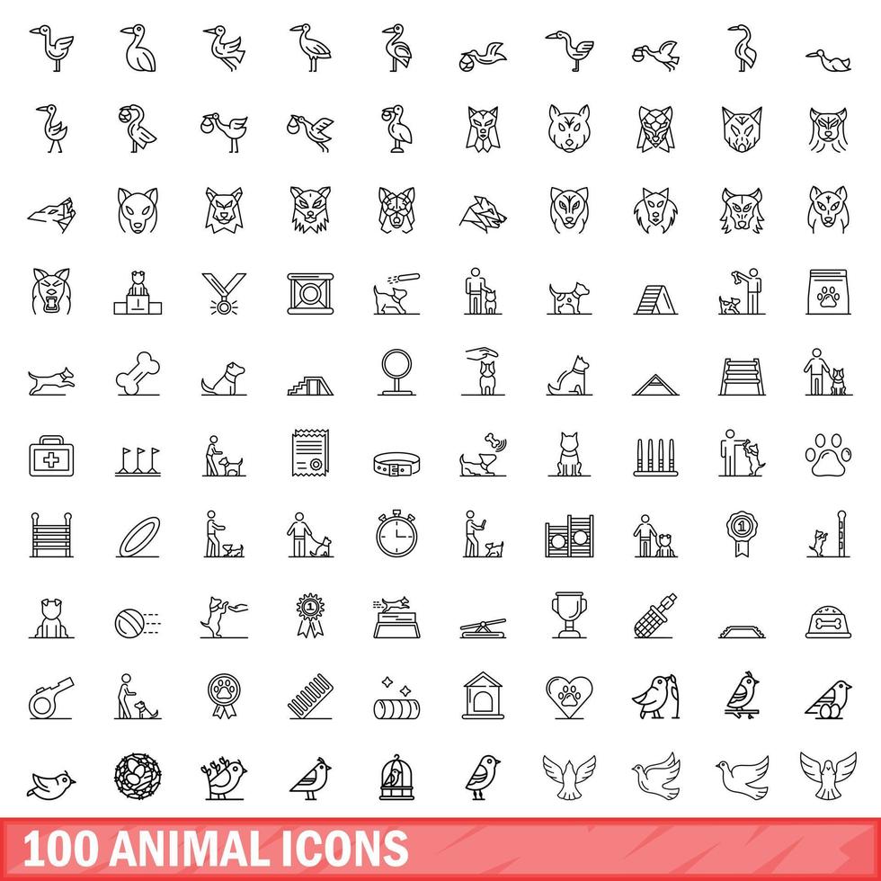 100 icone animali impostate, stile contorno vettore