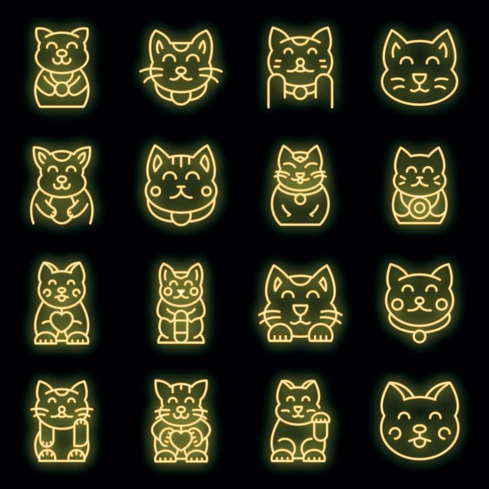 le icone del gatto fortunato hanno impostato il neon di vettore