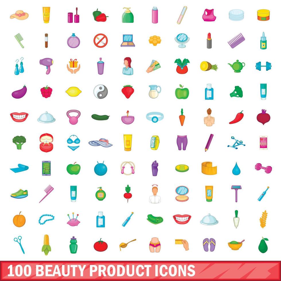 100 set di icone di prodotti di bellezza, stile cartone animato vettore