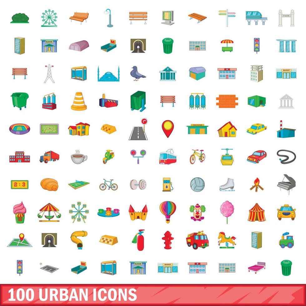 100 icone urbane impostate, stile cartone animato vettore