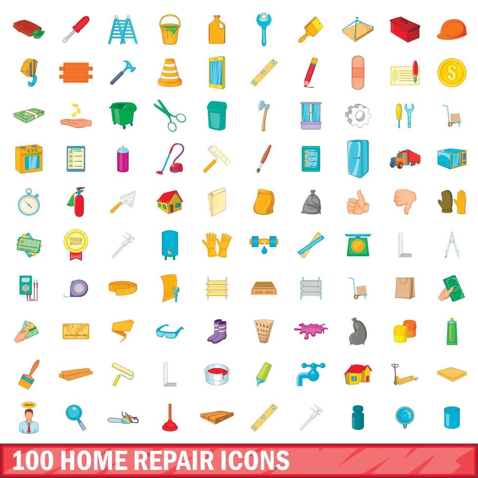 100 icone di riparazione domestica impostate, stile cartone animato vettore