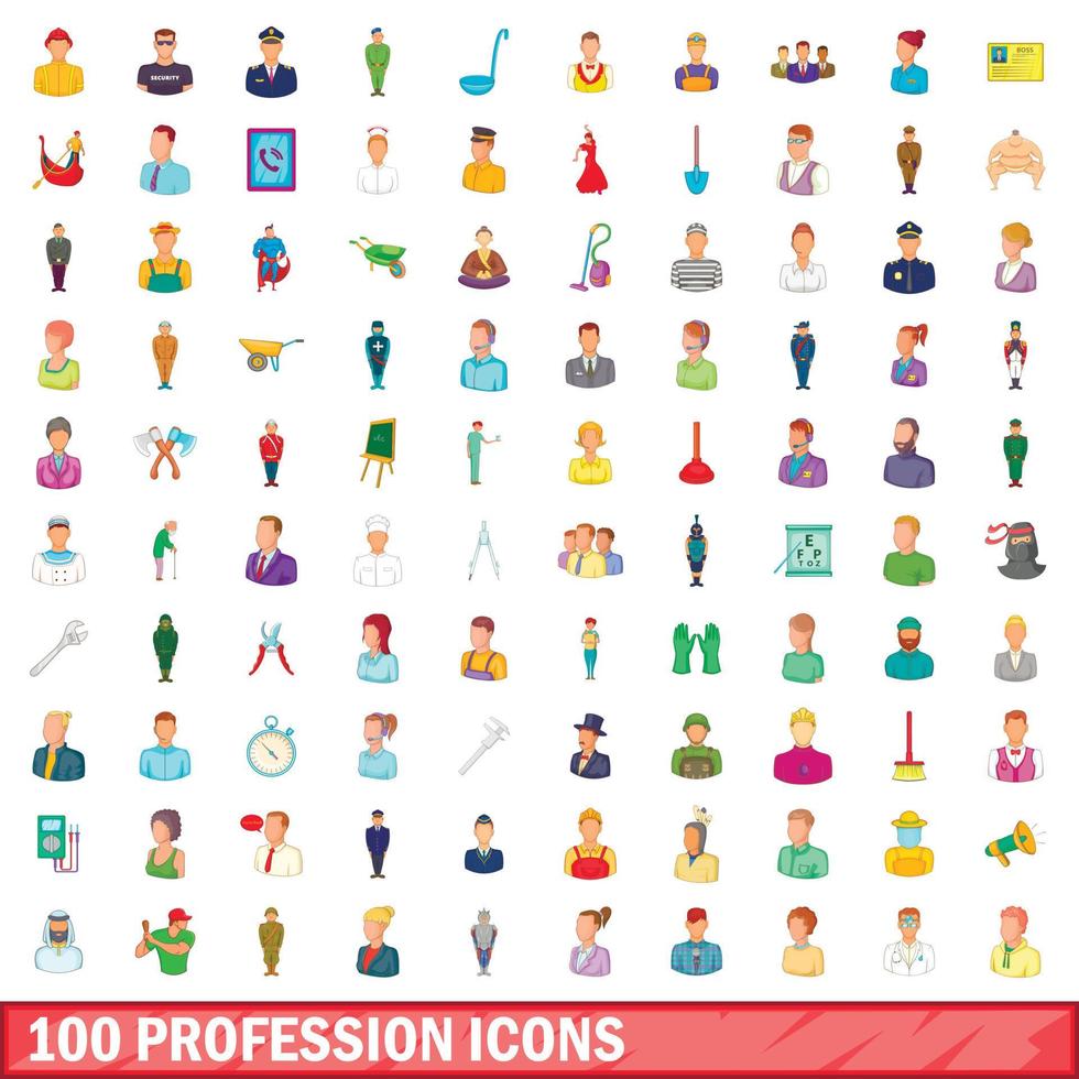 100 icone di professione impostate, stile cartone animato vettore