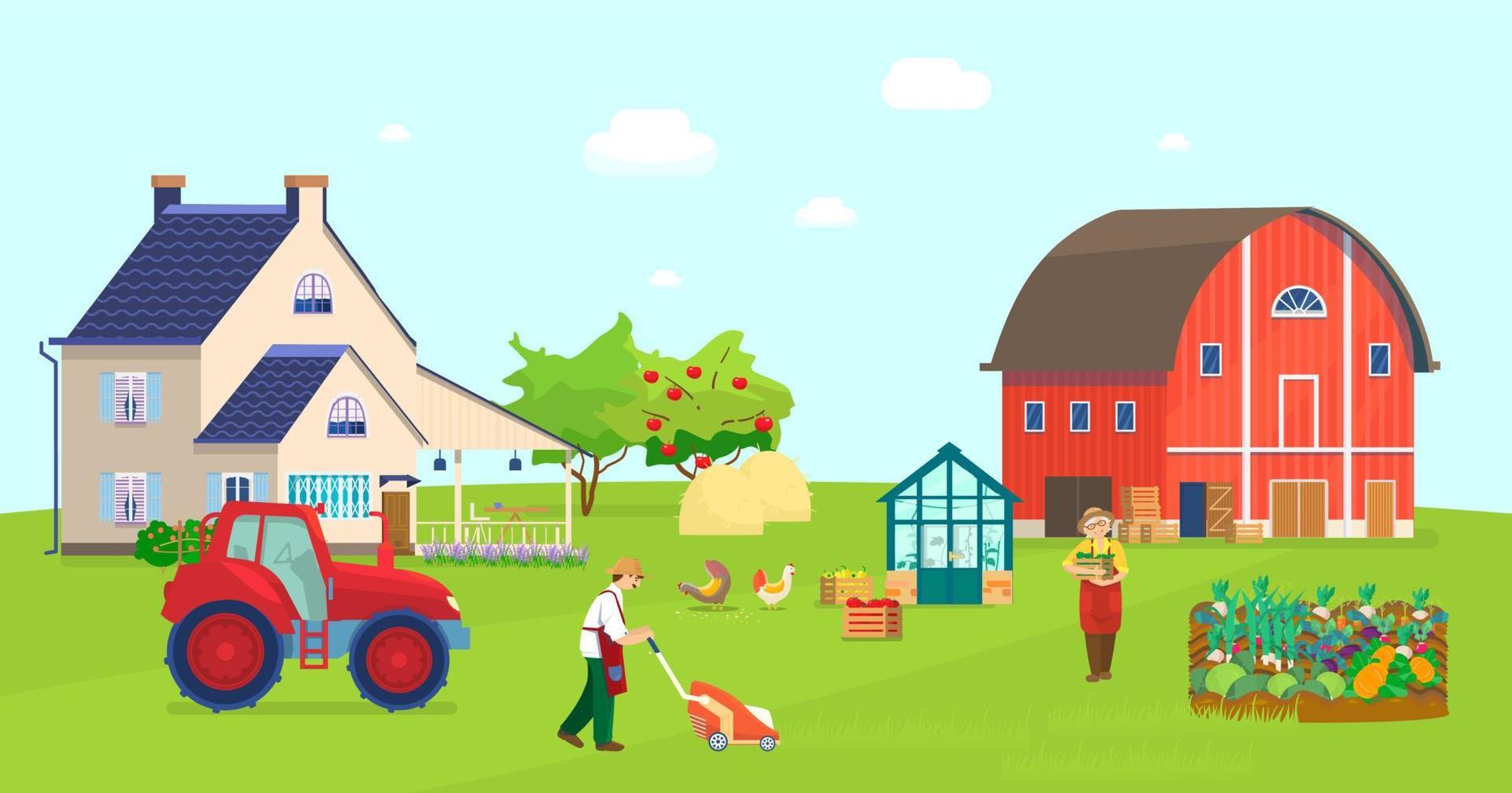 illustrazione vettoriale della scena della fattoria. fienile rosso, aiuole, trattore, serra con piante, meli, cassette con verdure, giardiniere che falcia il prato, polli che beccano il grano, pagliai, fiori.