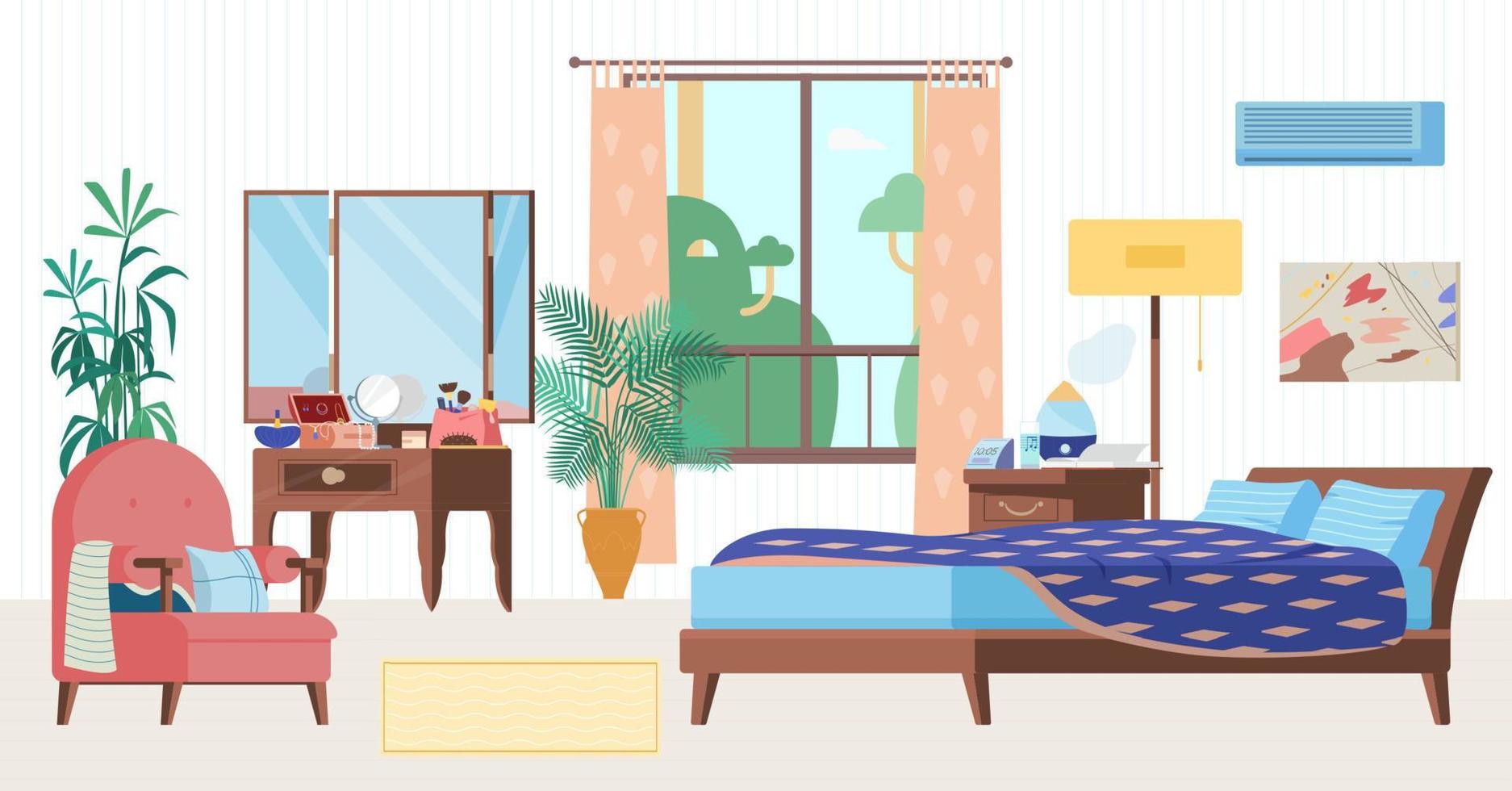 illustrazione vettoriale piatto interno accogliente camera da letto. mobili in legno, letto, poltrona, specchiera, finestra, comodino con umidificatore, orologio, piante.