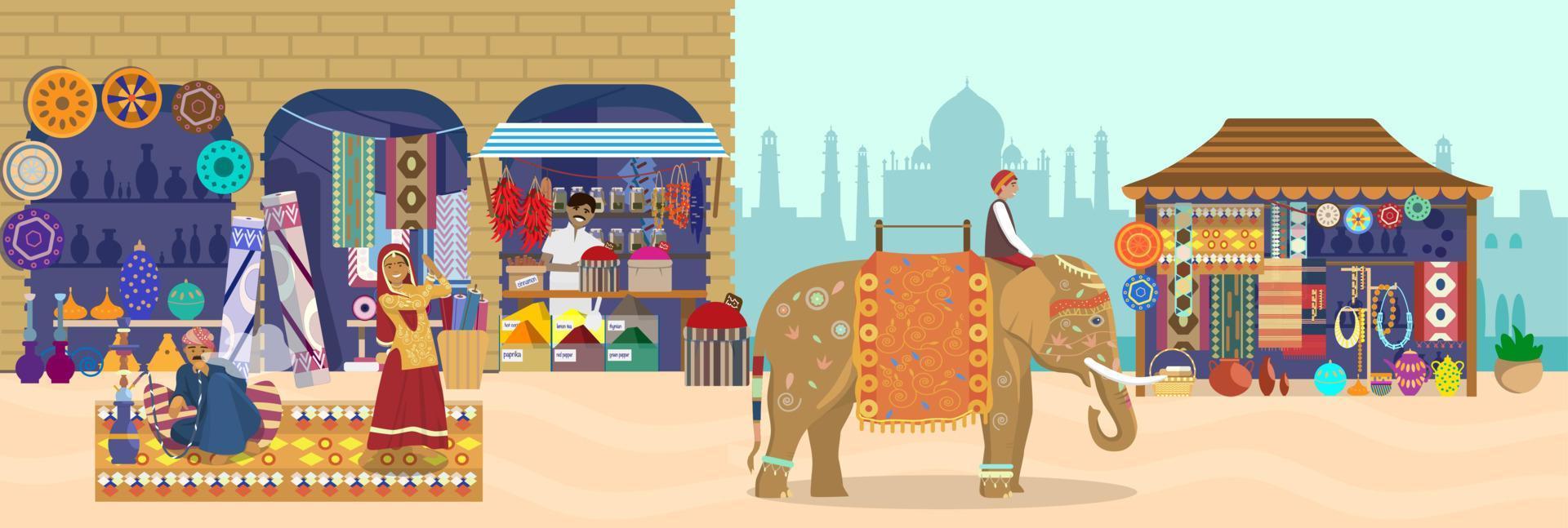 illustrazione vettoriale del mercato asiatico con diversi negozi e persone. cavaliere di elefanti, negozio di souvenir con silhouette di taj mahal, ceramiche, tappeti, tessuti, spezie, donna che balla, uomo che fuma narghilè.