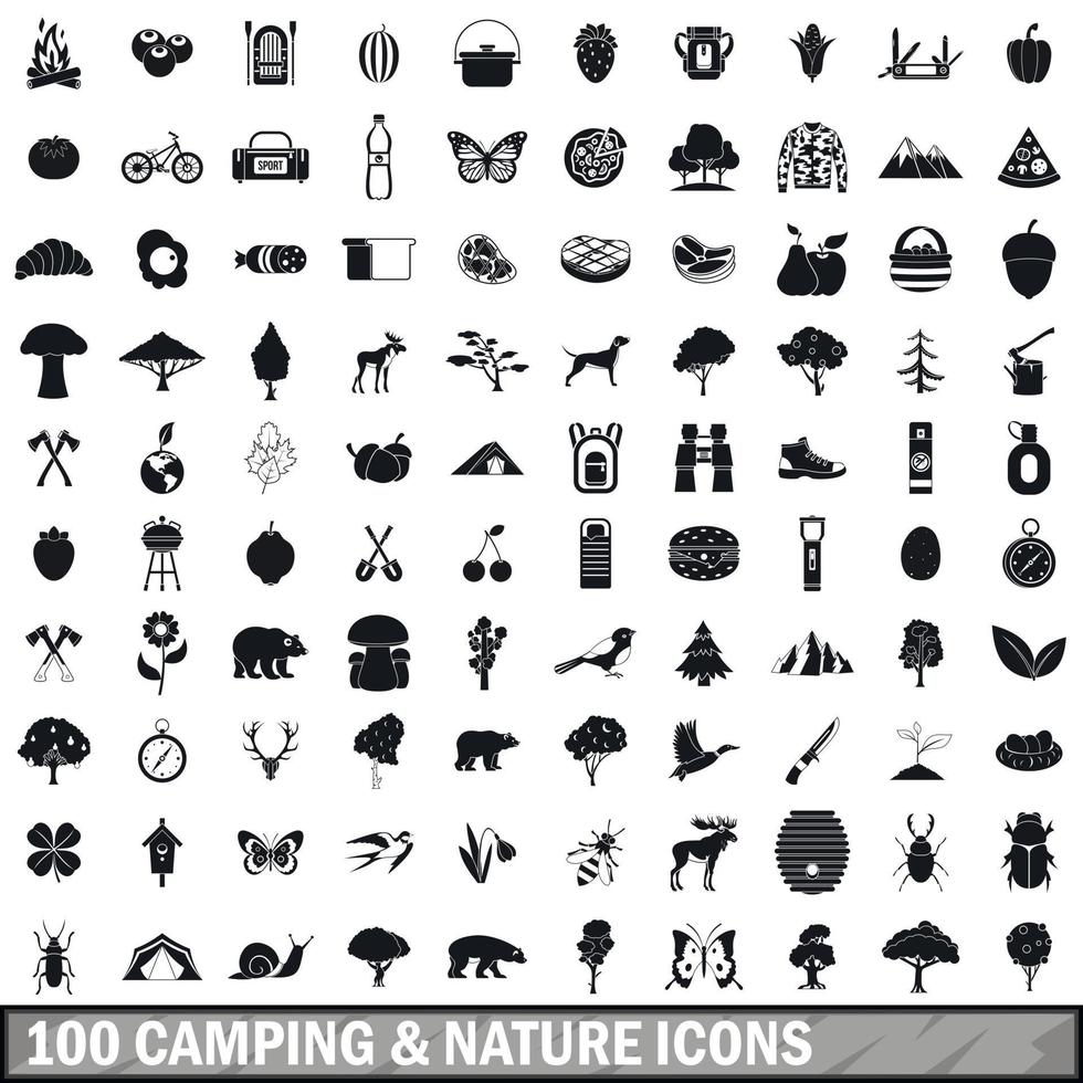 100 icone di campeggio e natura impostate in uno stile semplice vettore