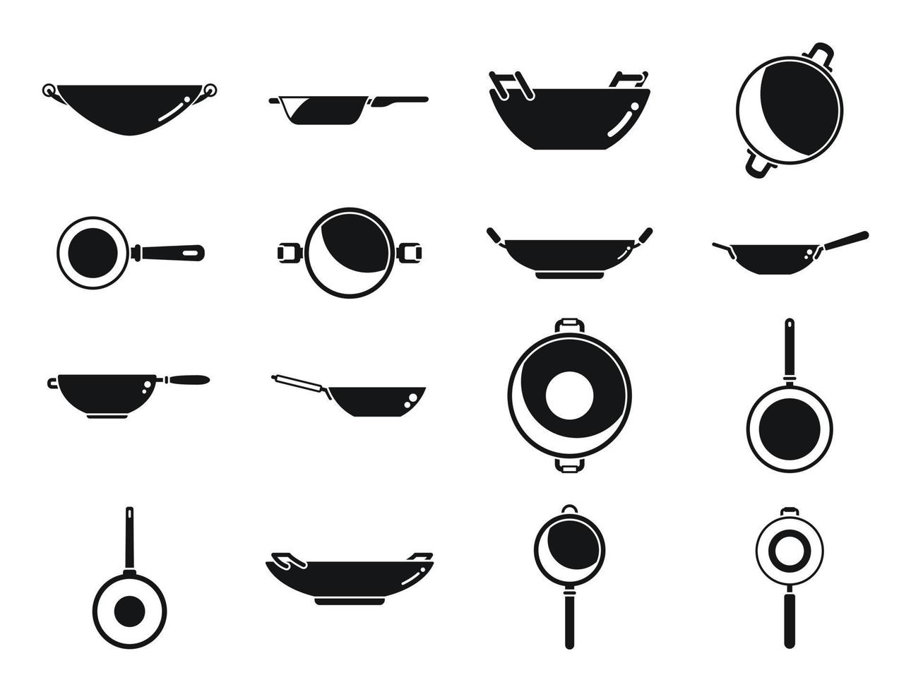 le icone della padella wok impostano un vettore semplice. strumenti per la carne