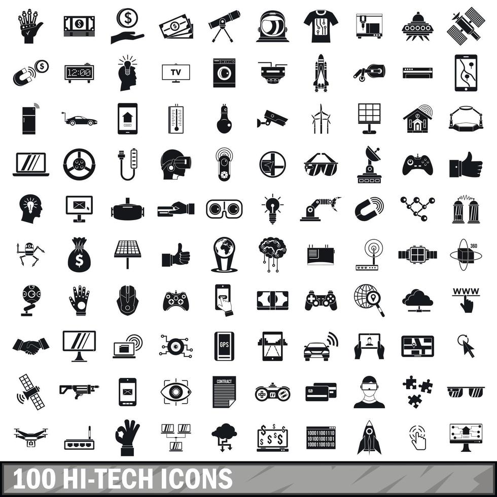 100 icone hi-tech impostate, stile semplice vettore