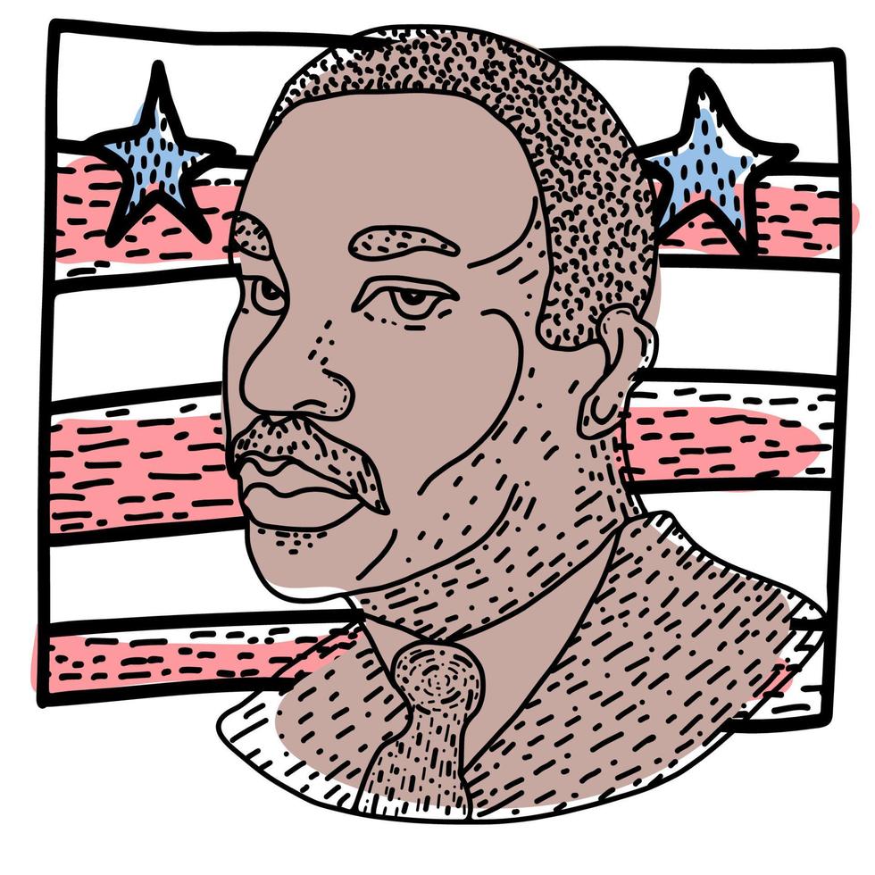illustrazione disegnata a mano di martin luther king, jr. per celebrare il mk day. trama della bandiera americana. vettore
