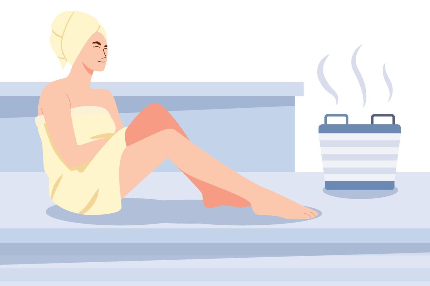 donna rilassante sauna nella spa, stabilimento balneare o sauna di vapore caldo, terapia per la cura del corpo, benessere, personaggi dei cartoni animati illustrazione vettoriale. vettore