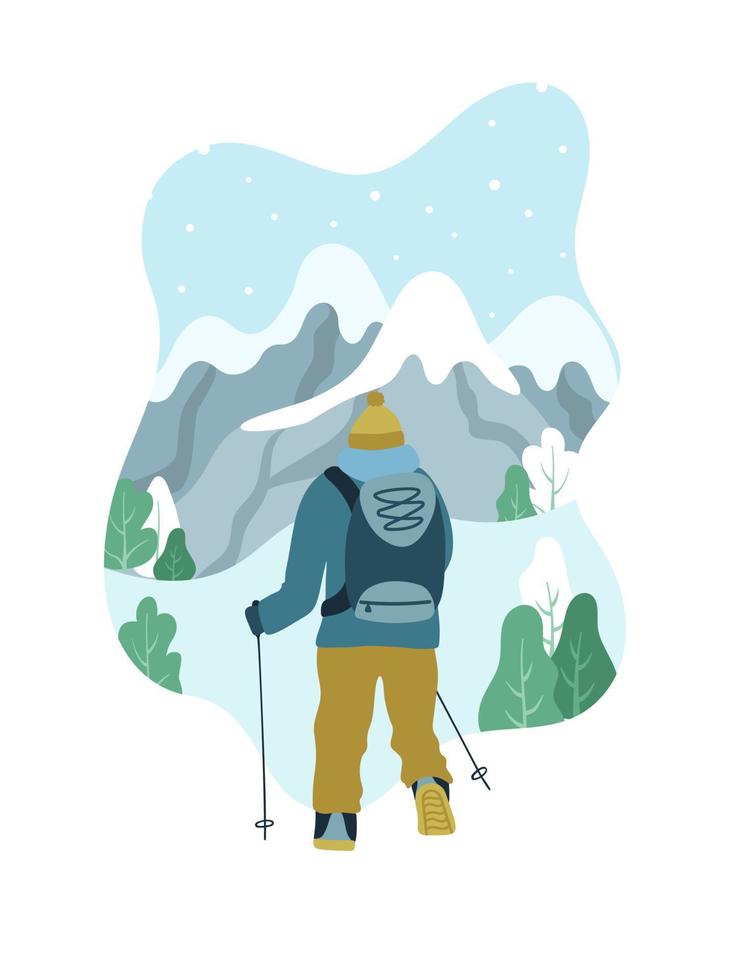 uomo con zaino che fa un'escursione in cima alla montagna. fumetto illustrazione di arrampicata sportiva nella stagione invernale. vettore