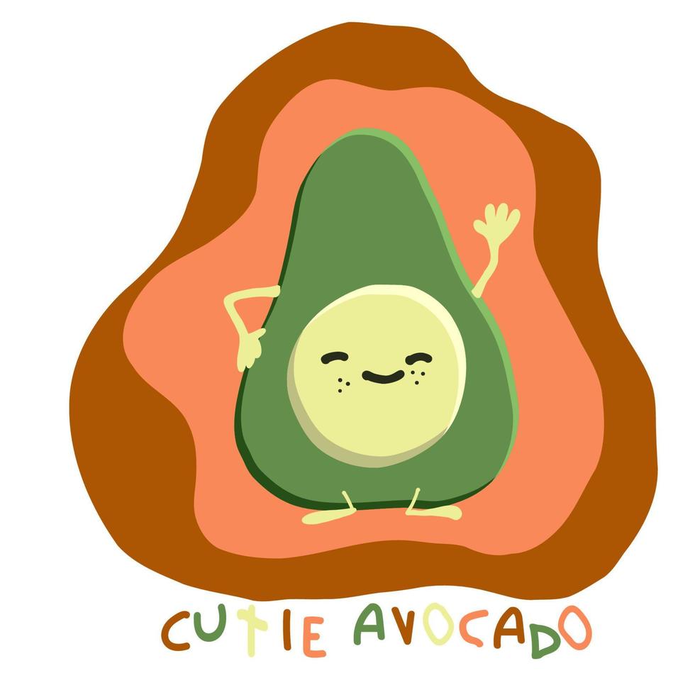avocado sorridente kawaii con ghirlanda di coriandoli e avocado cutie di testo sullo sfondo astratto colorato. illustrazione vettoriale. vettore