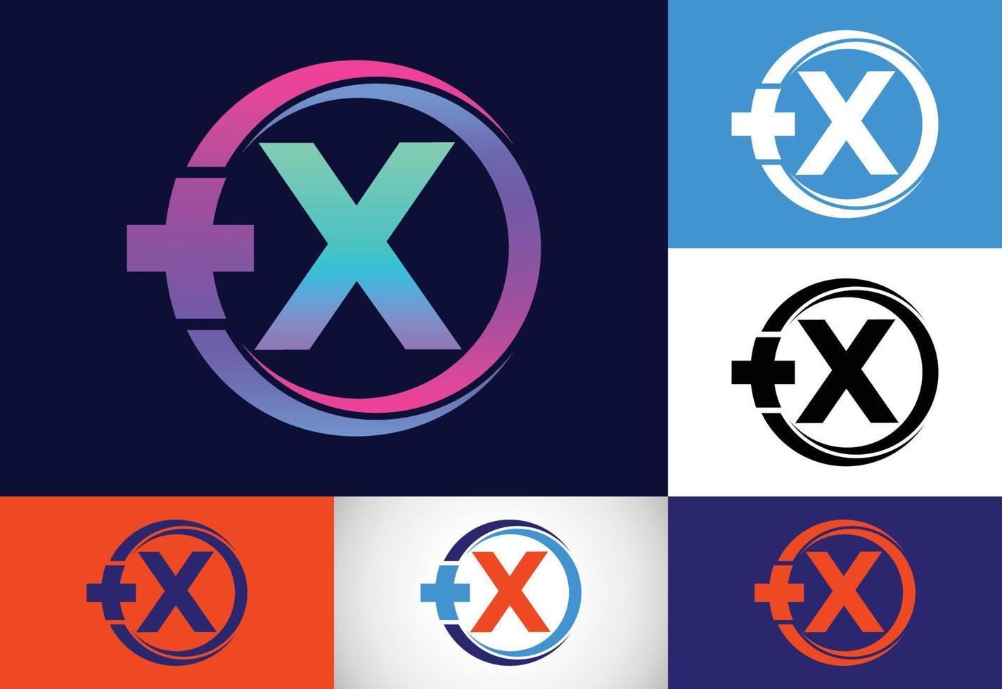 monogramma x iniziale in un cerchio con croce più. logo medico. logo per farmacia, attività clinica. vettore