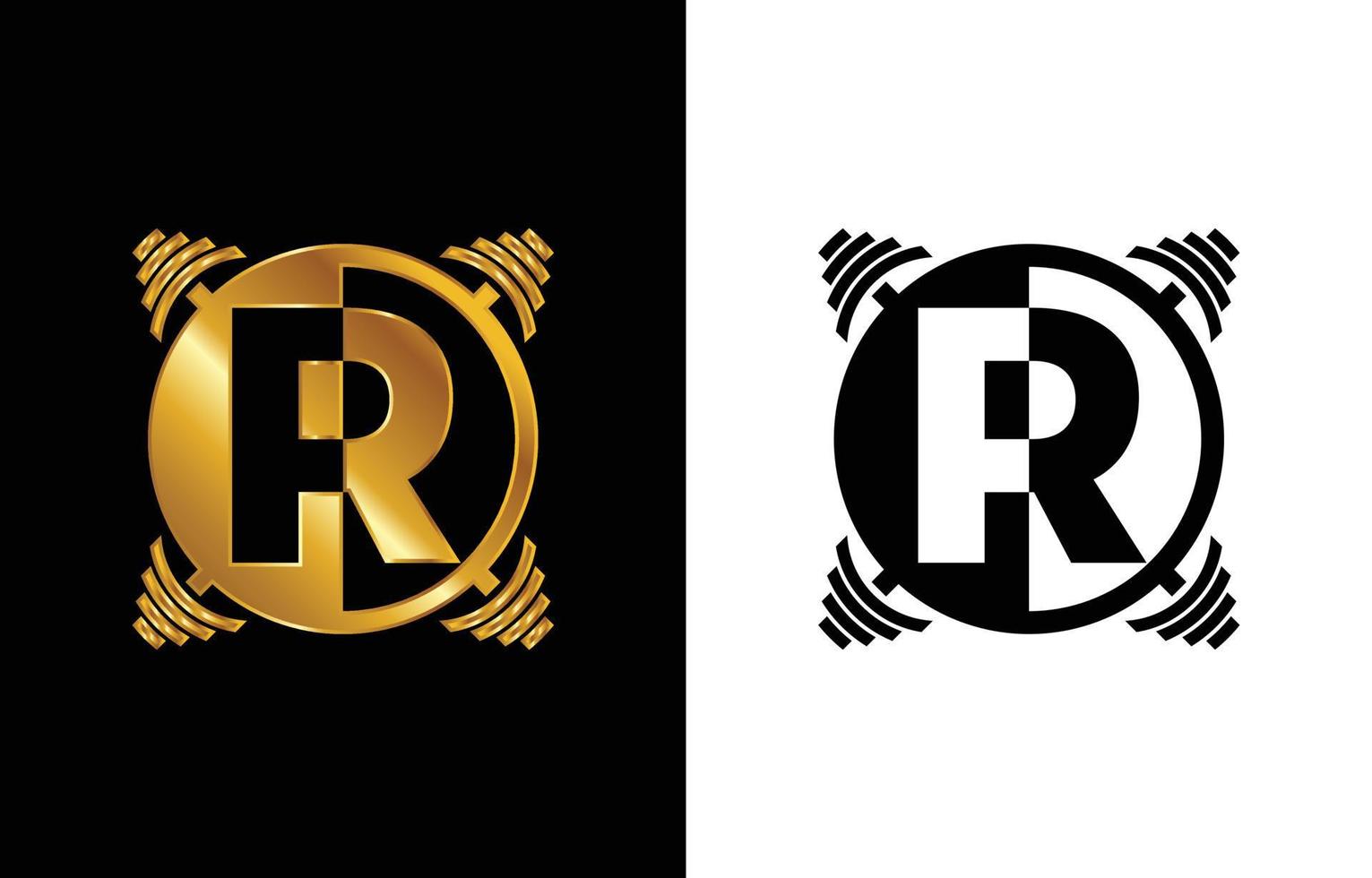 alfabeto monogramma iniziale r con un bilanciere. disegno del logo vettoriale di sollevamento. logo vettoriale moderno per bodybuilding, palestra, fitness club, business e identità aziendale