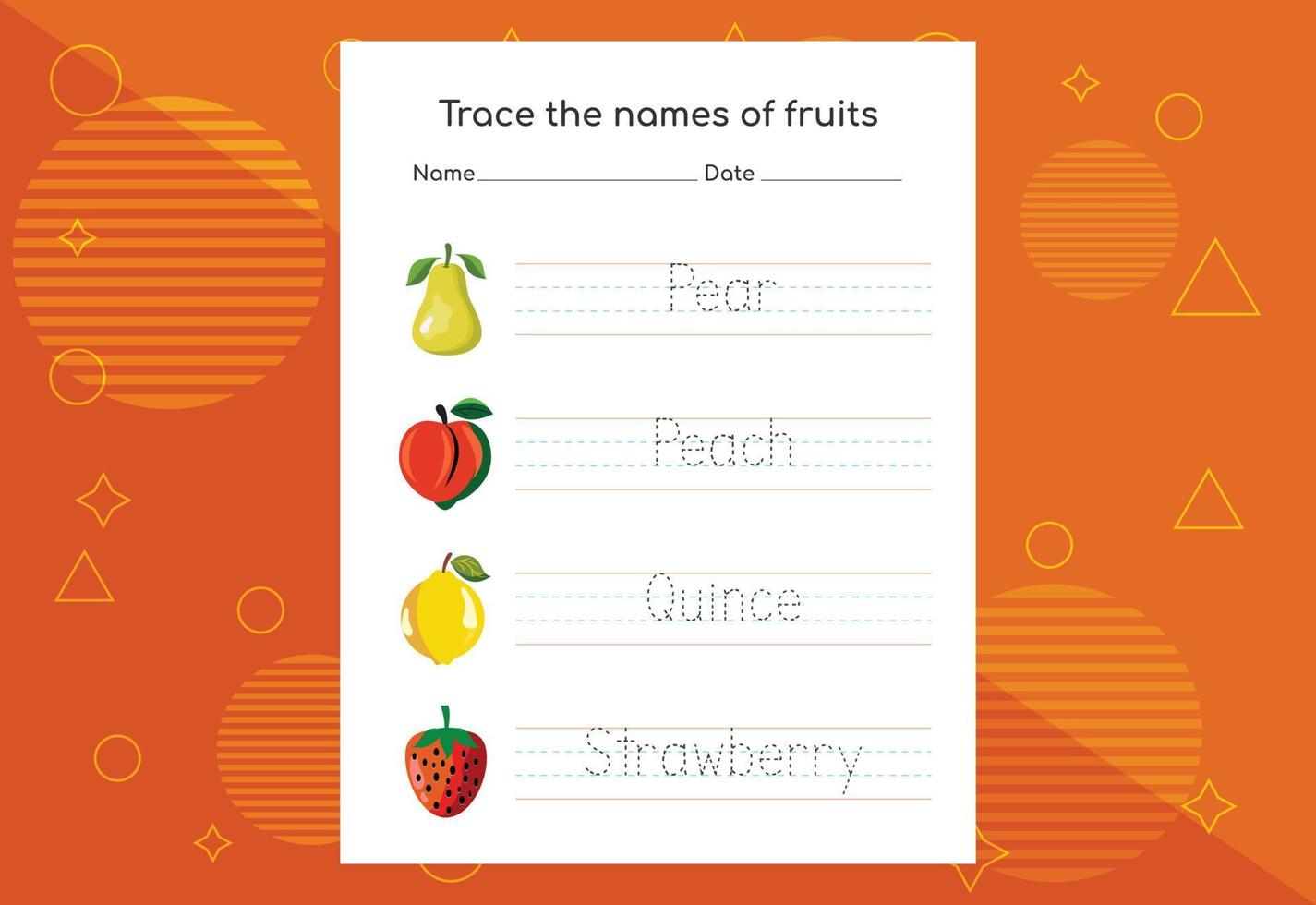 traccia i nomi dei frutti. pratica della scrittura a mano per bambini in età prescolare. vettore
