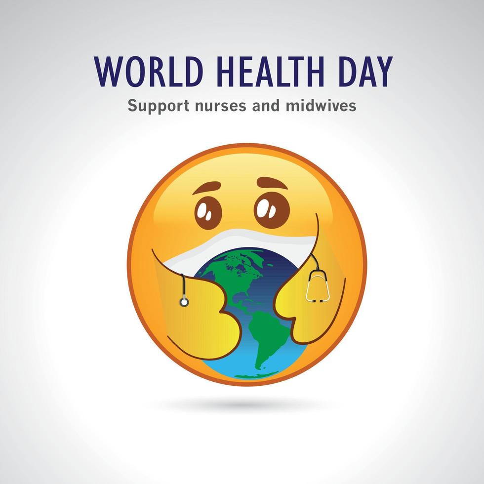 Emoji emozionale della giornata mondiale della salute e concetto di virus corona con elemento vettoriale. emoji che tiene mondo e stetoscopio. vettore