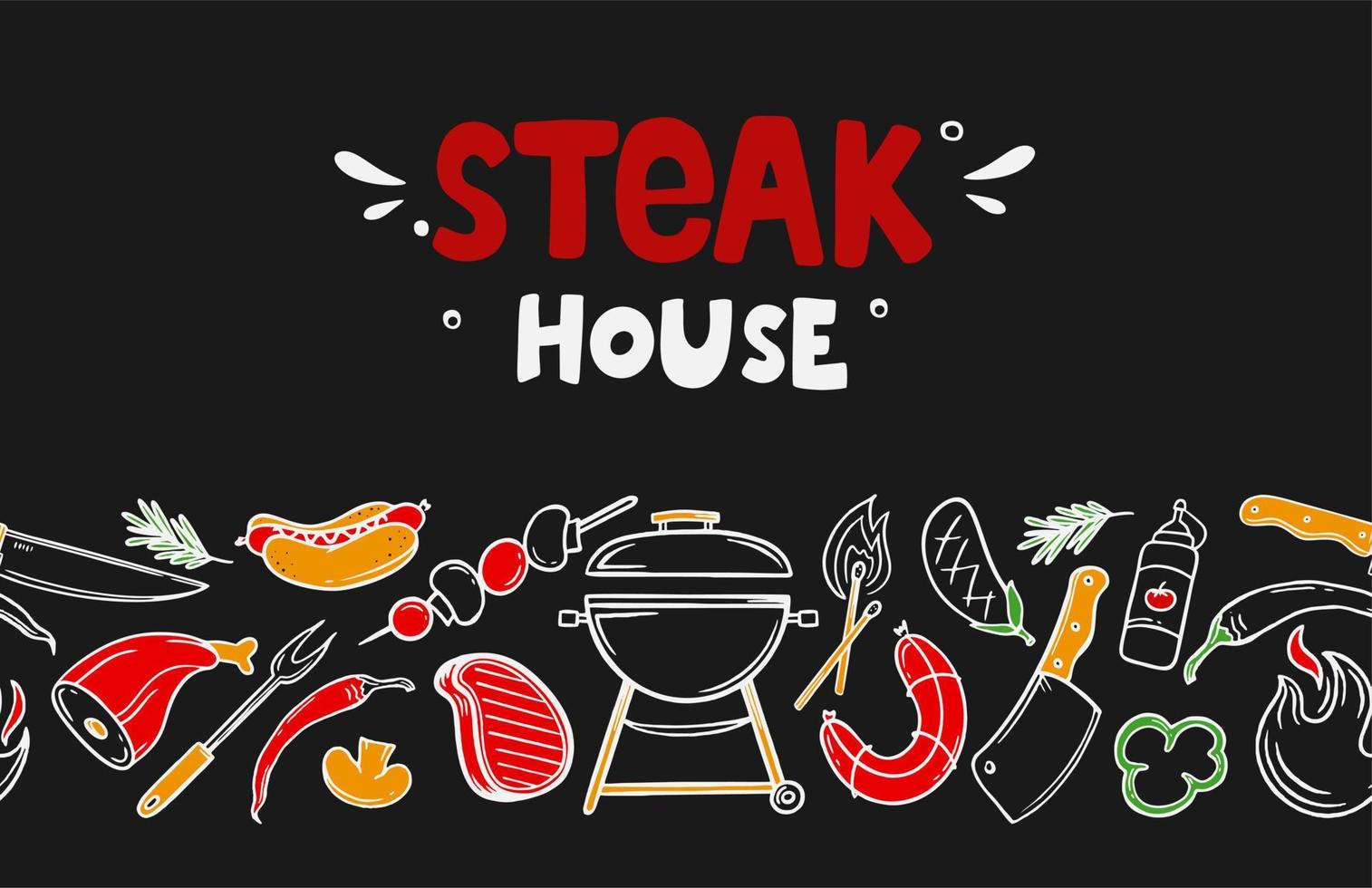 copertina banner per un menu con elementi grill e barbecue per un ristorante bar caffetteria su sfondo nero illustrazione vettoriale di scarabocchi