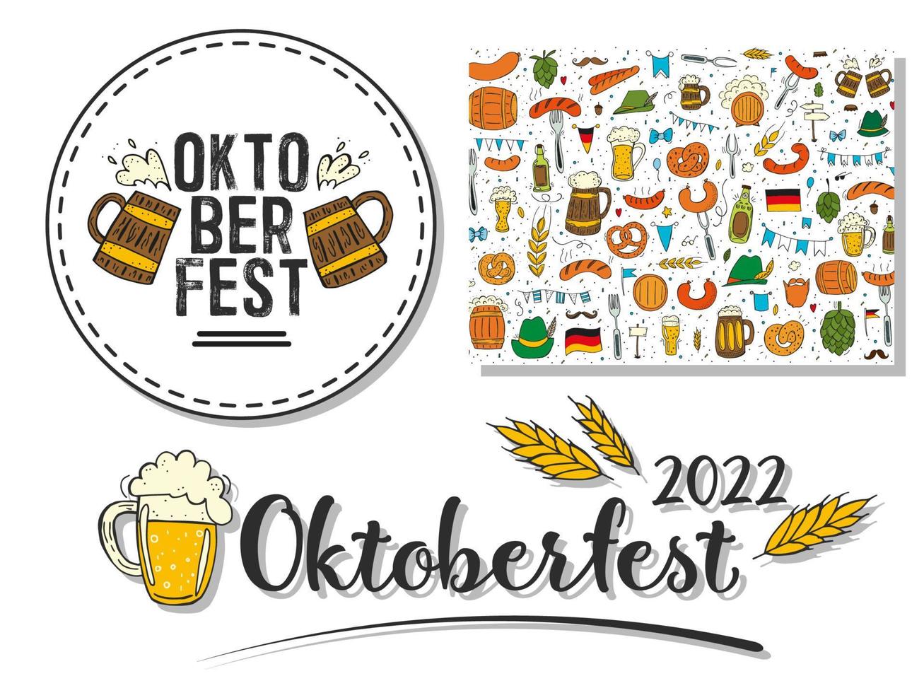 oktoberfest 2022 - festa della birra. elementi di doodle disegnati a mano. festa tradizionale tedesca. emblema rotondo con boccali di birra e testo, scritte nere con spighe di grano e un motivo di elementi colorati. vettore