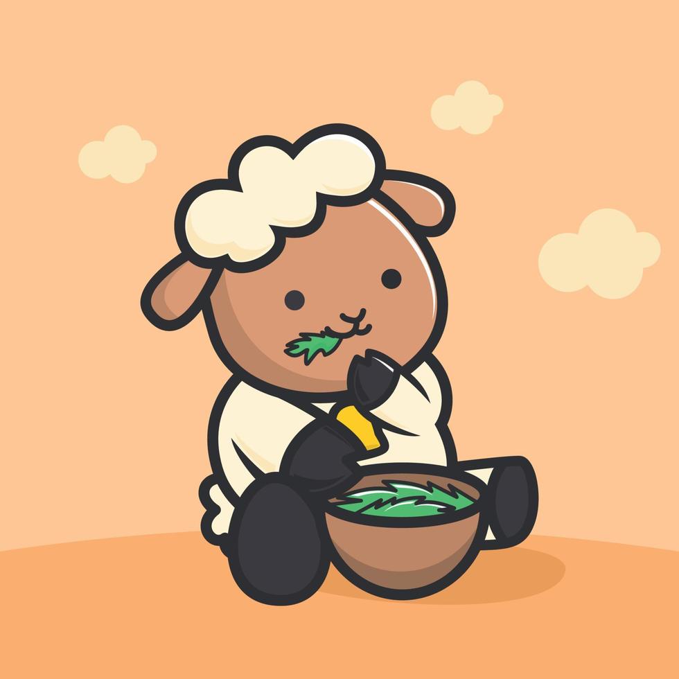 illustrazione di un simpatico agnello che mangia una ciotola di erba vettore