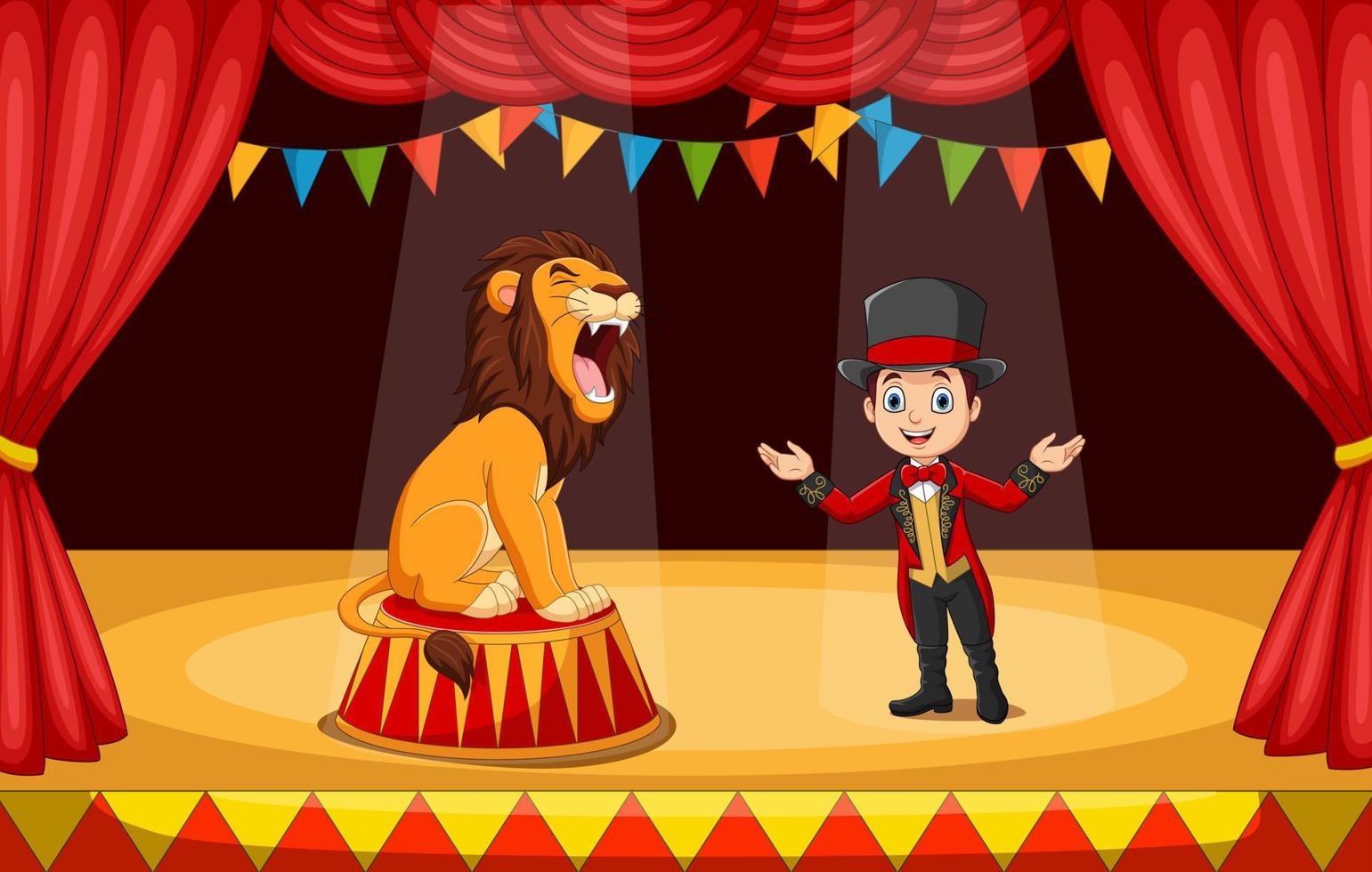 domatore di circo dei cartoni animati con leone sul palco vettore