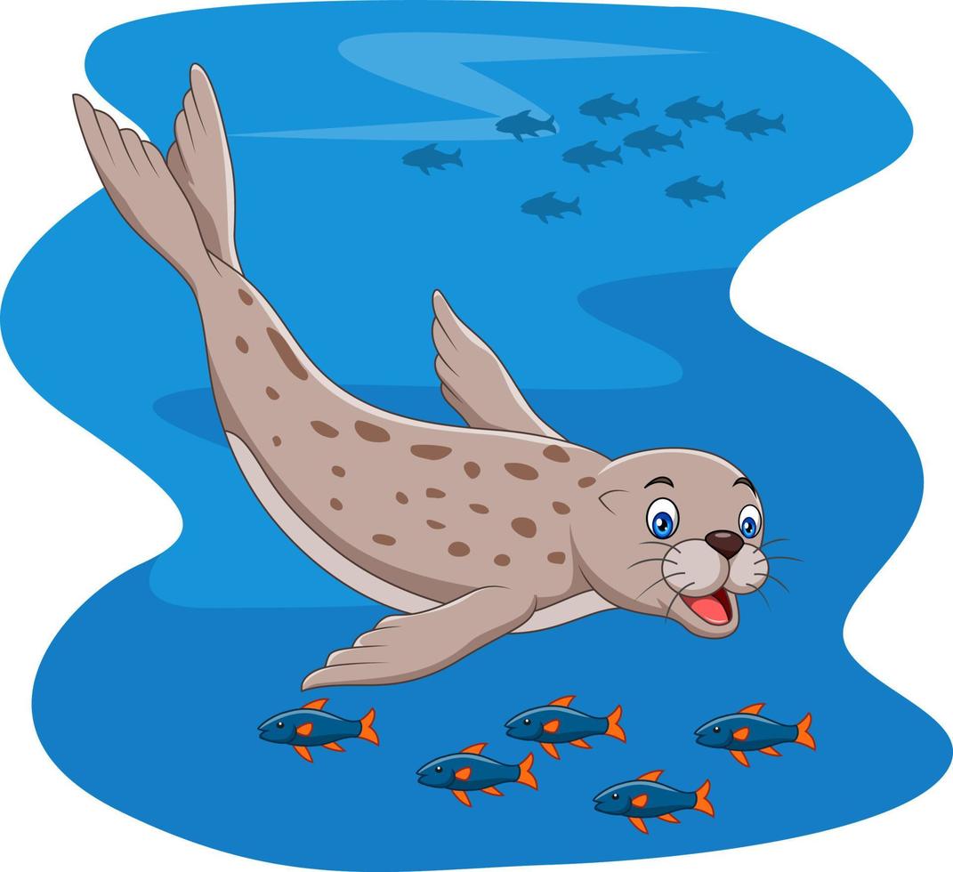 foca del fumetto che nuota con i pesci vettore