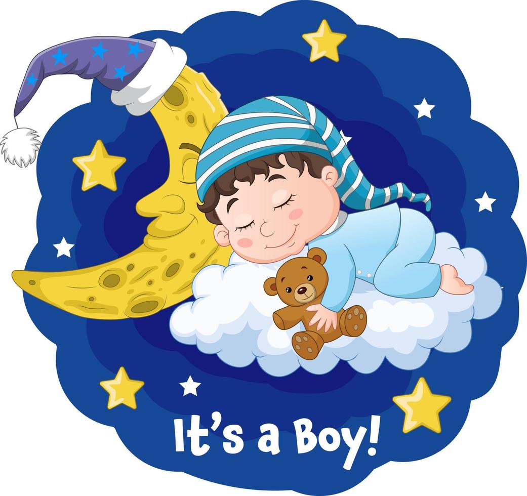 cartone animato bambino che dorme con l'orsacchiotto sulle nuvole vettore