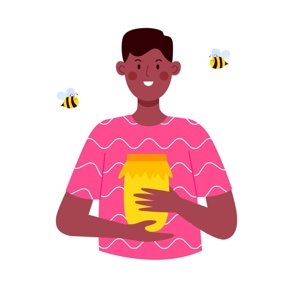 personaggio maschile con un vasetto di miele. illustrazione vettoriale piatta isolata su sfondo bianco.