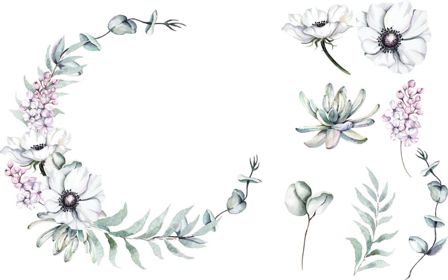 ghirlanda di fiori acquerello.elegante collezione floreale arrangiamenti botanici di anemone.design per inviti, matrimoni o biglietti di auguri. vettore