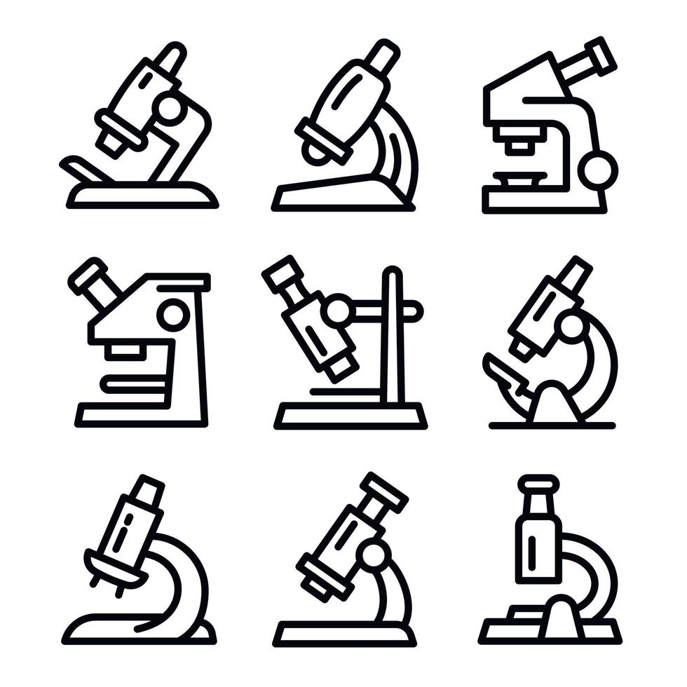 microscopio set di icone, stile contorno vettore