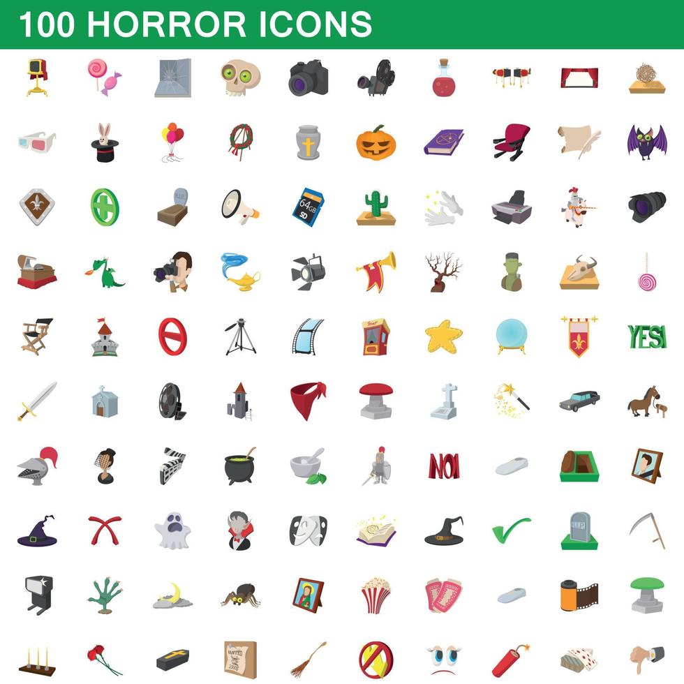 100 icone horror impostate, stile cartone animato vettore