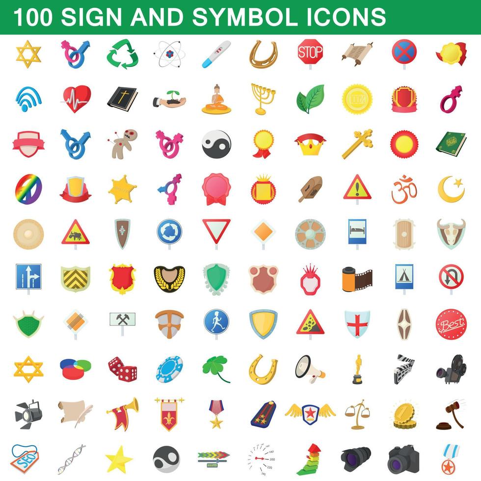 100 set di icone di segno e simbolo, stile cartone animato vettore