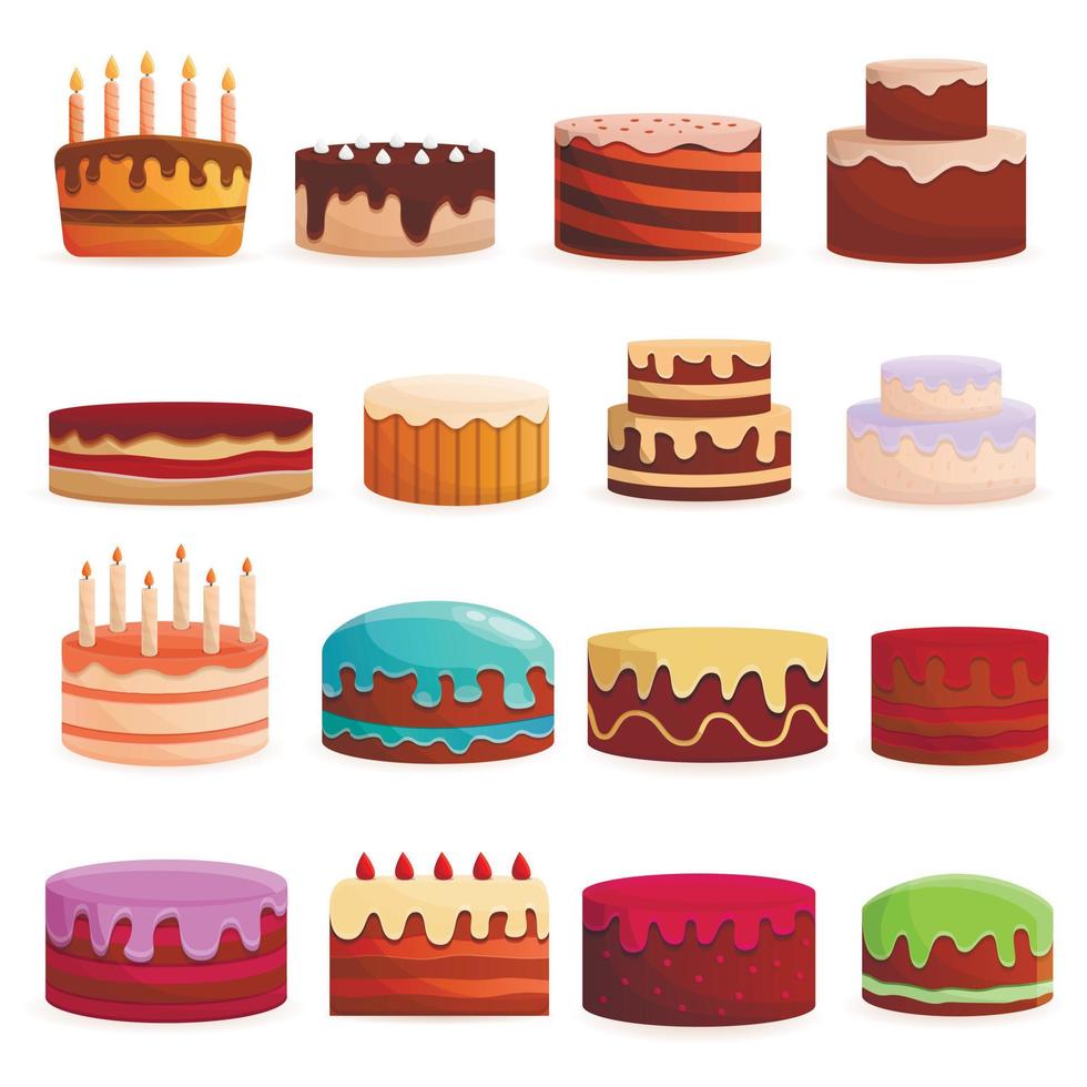 set di icone di compleanno torta, stile cartone animato vettore