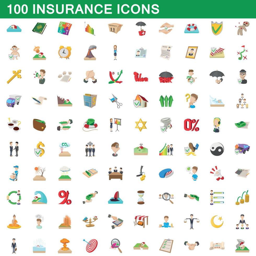 100 icone di assicurazione impostate, stile cartone animato vettore
