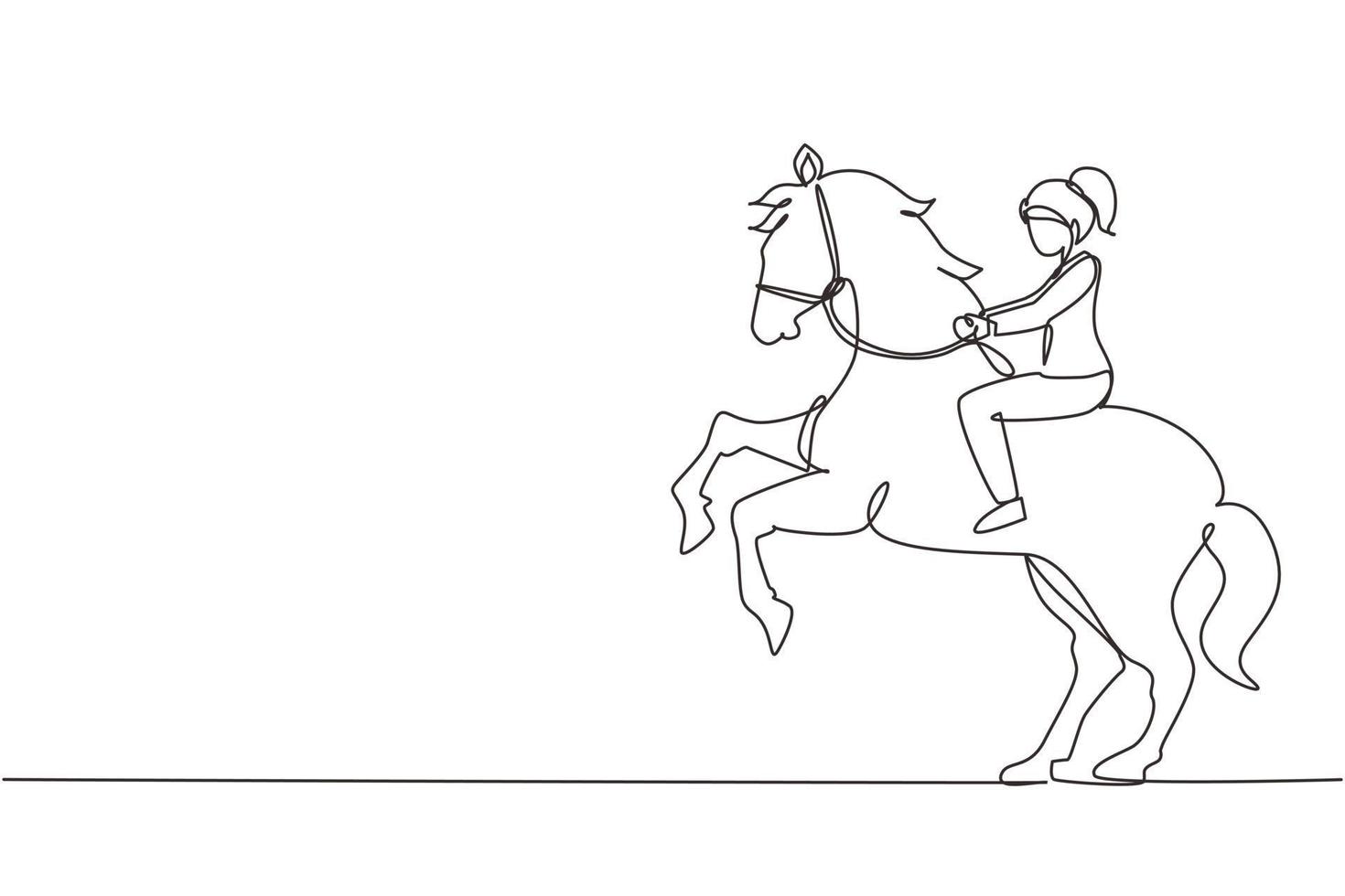 un disegno a tratteggio continuo imprenditrice a cavallo simbolo di successo. concetto di metafora aziendale, guardando l'obiettivo, il raggiungimento, la leadership. illustrazione grafica vettoriale di disegno a linea singola
