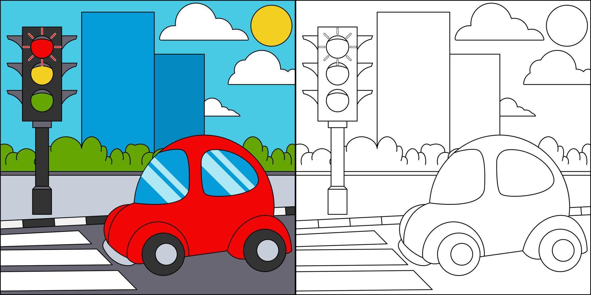 fermata dell'auto al semaforo adatto per l'illustrazione di vettore della pagina da colorare dei bambini
