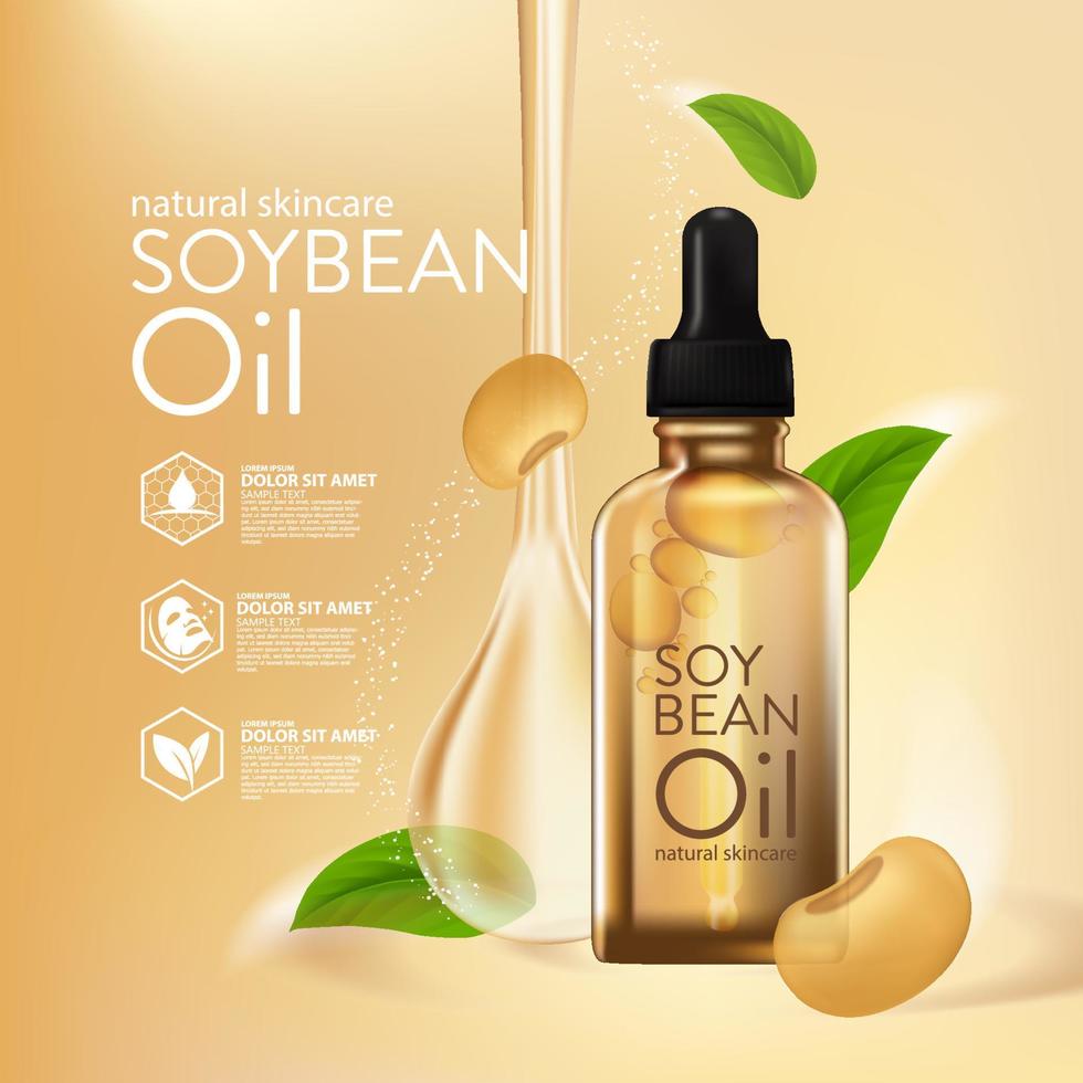 Olio di semi di soia siero cosmetico naturale per la cura della pelle. illustrazione vettoriale di essenza di umidità.
