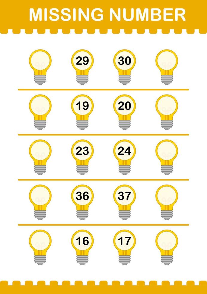 numero mancante con lampadina. foglio di lavoro per bambini vettore