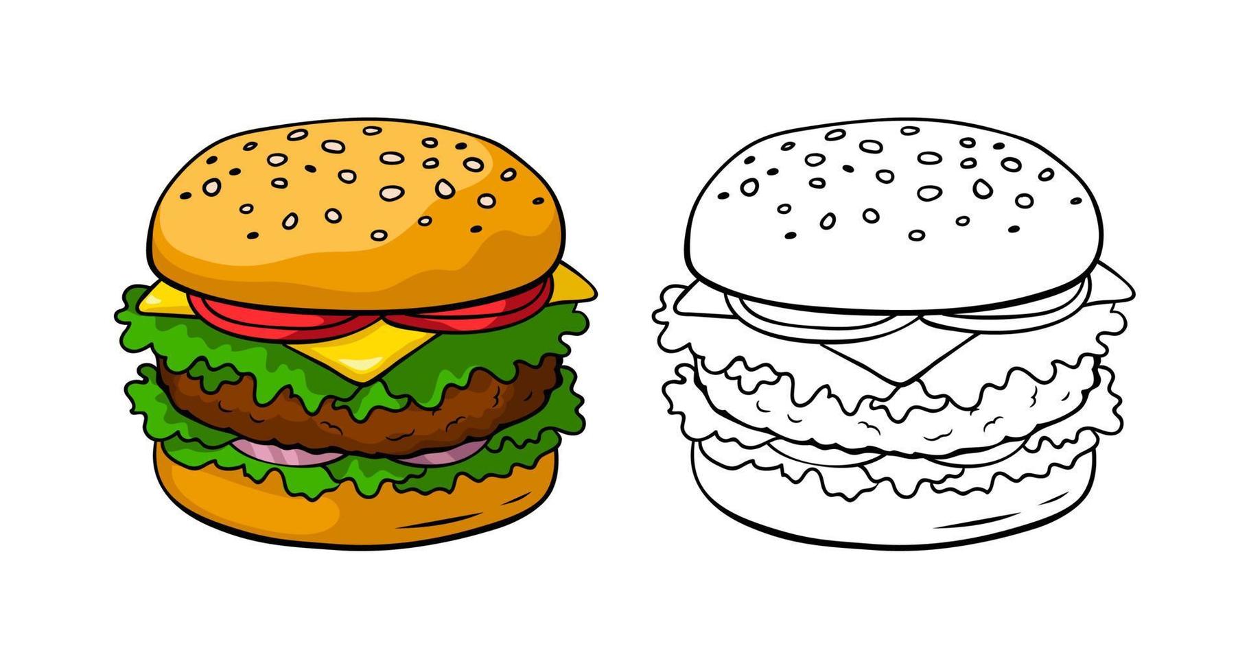 illustrazione vettoriale di hamburger. pagina del libro da colorare.