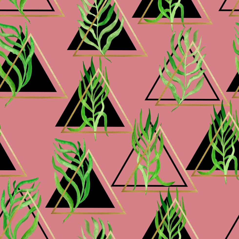 ramoscelli dell'acquerello con foglie in triangoli cornici vettore geometrico senza cuciture