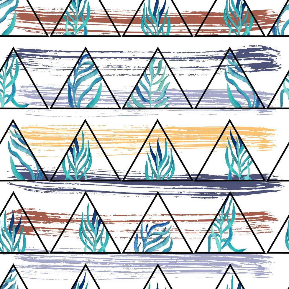 ramoscelli dell'acquerello con foglie in cornici triangoli sullo sfondo di strisce di texture di tratti di vernice motivo geometrico vettoriale senza soluzione di continuità