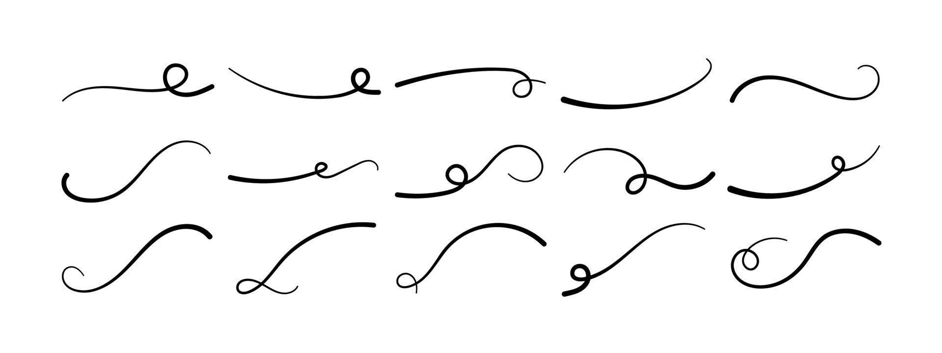 set di sottolineatura swoosh disegnato a mano. la scritta calligrafica vettoriale enfatizza la linea curva. elemento per la tipografia. raccolta di pennellate nere isolate su sfondo bianco. code di ornamento retrò