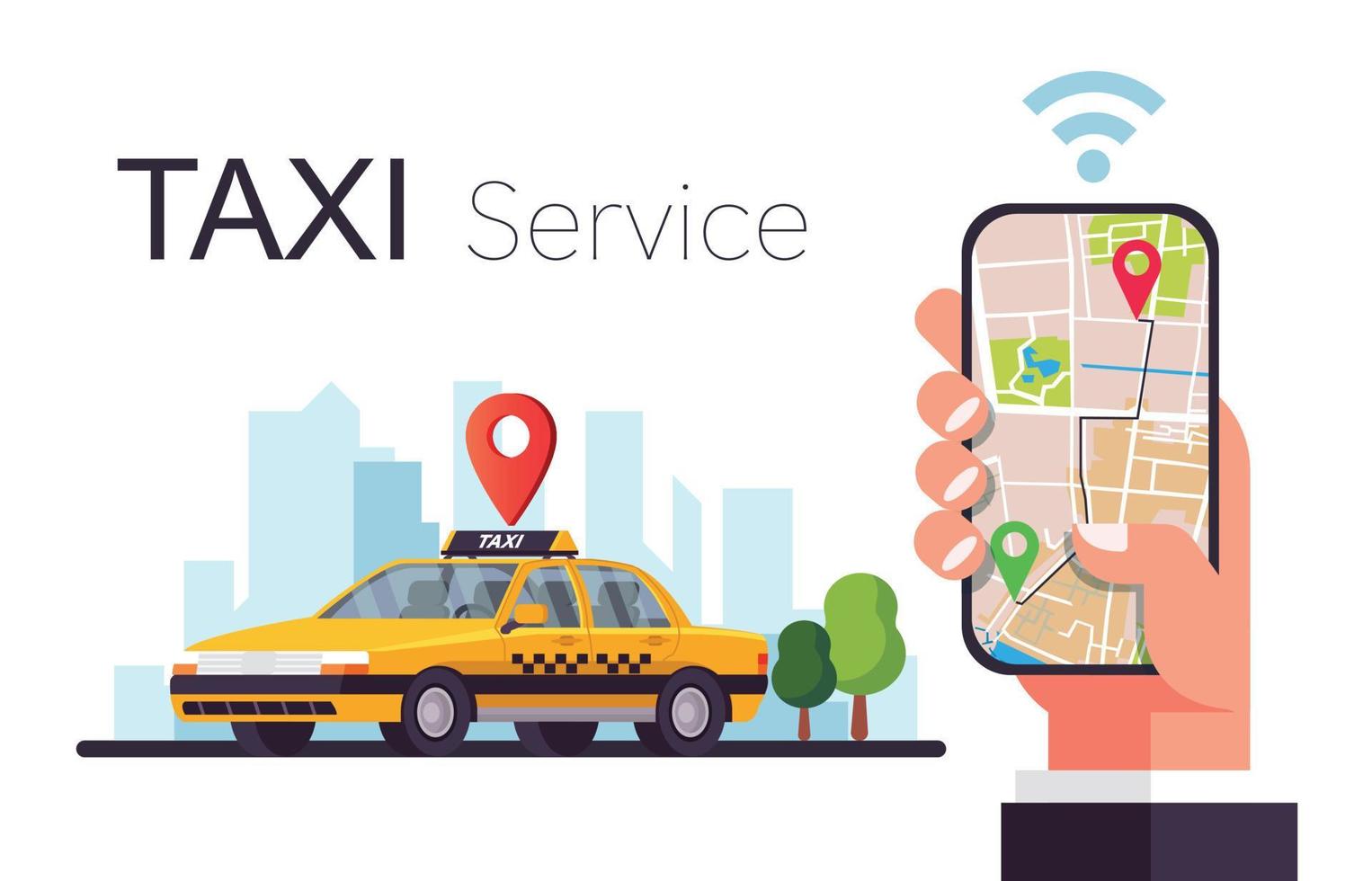 illustrazione orizzontale del servizio taxi per l'ordinazione di applicazioni mobili online vettore