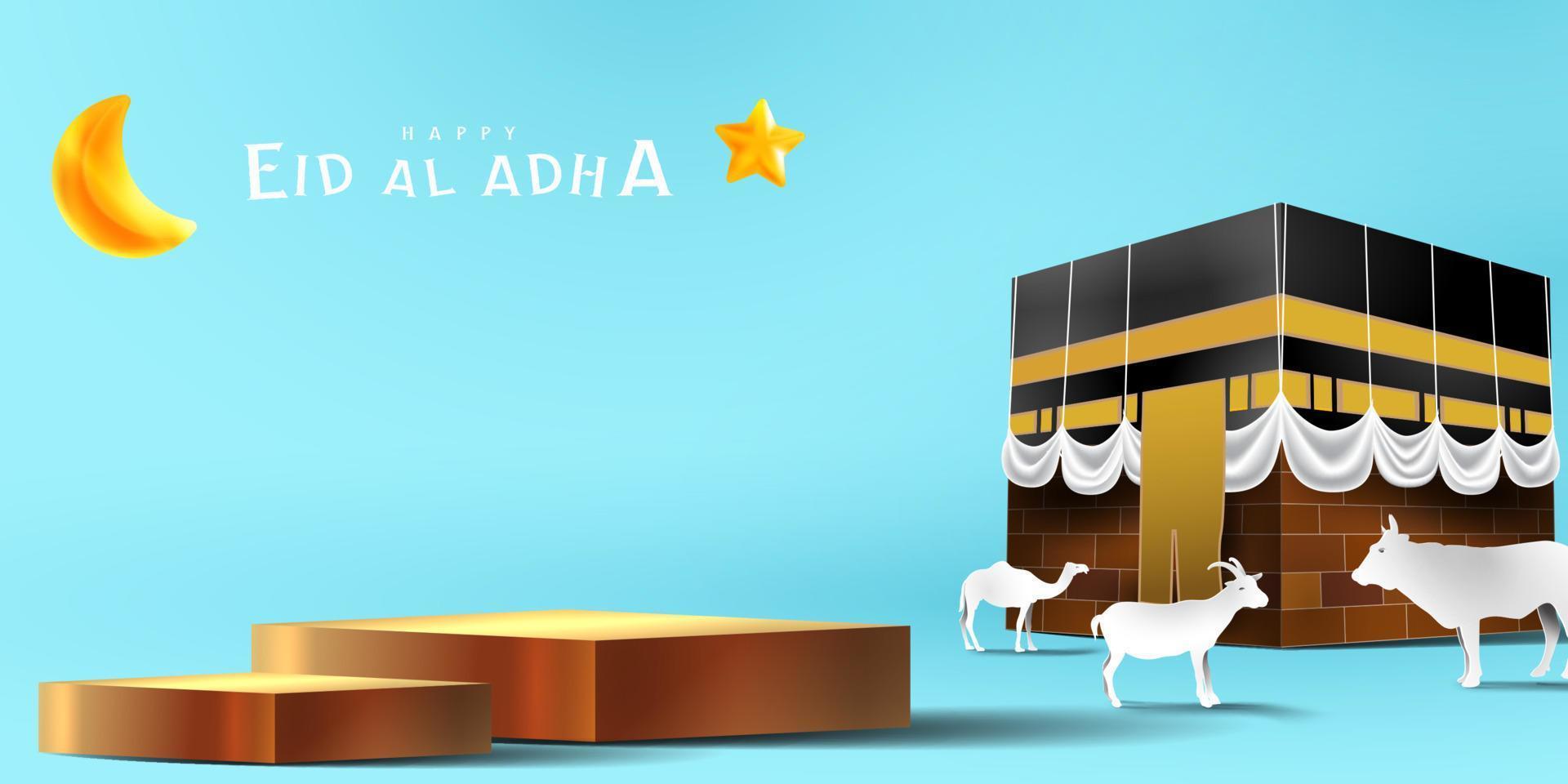 eid al adha decorazione islamica mostra lo sfondo del podio con capra, cammello, mucca, luna e stella. vetrina di prodotti per ramadan kareem, mawlid, eid al fitr, muharram vettore