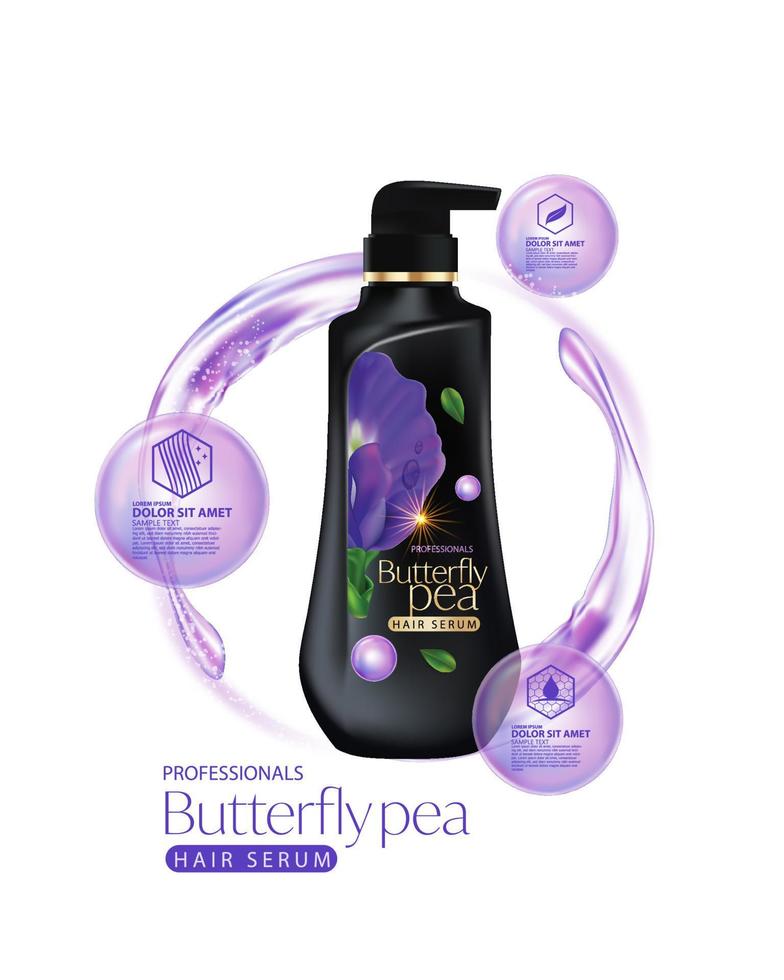 prodotti per l'imballaggio farfalla pisello design per la cura dei capelli bottiglie di shampoo. vettore