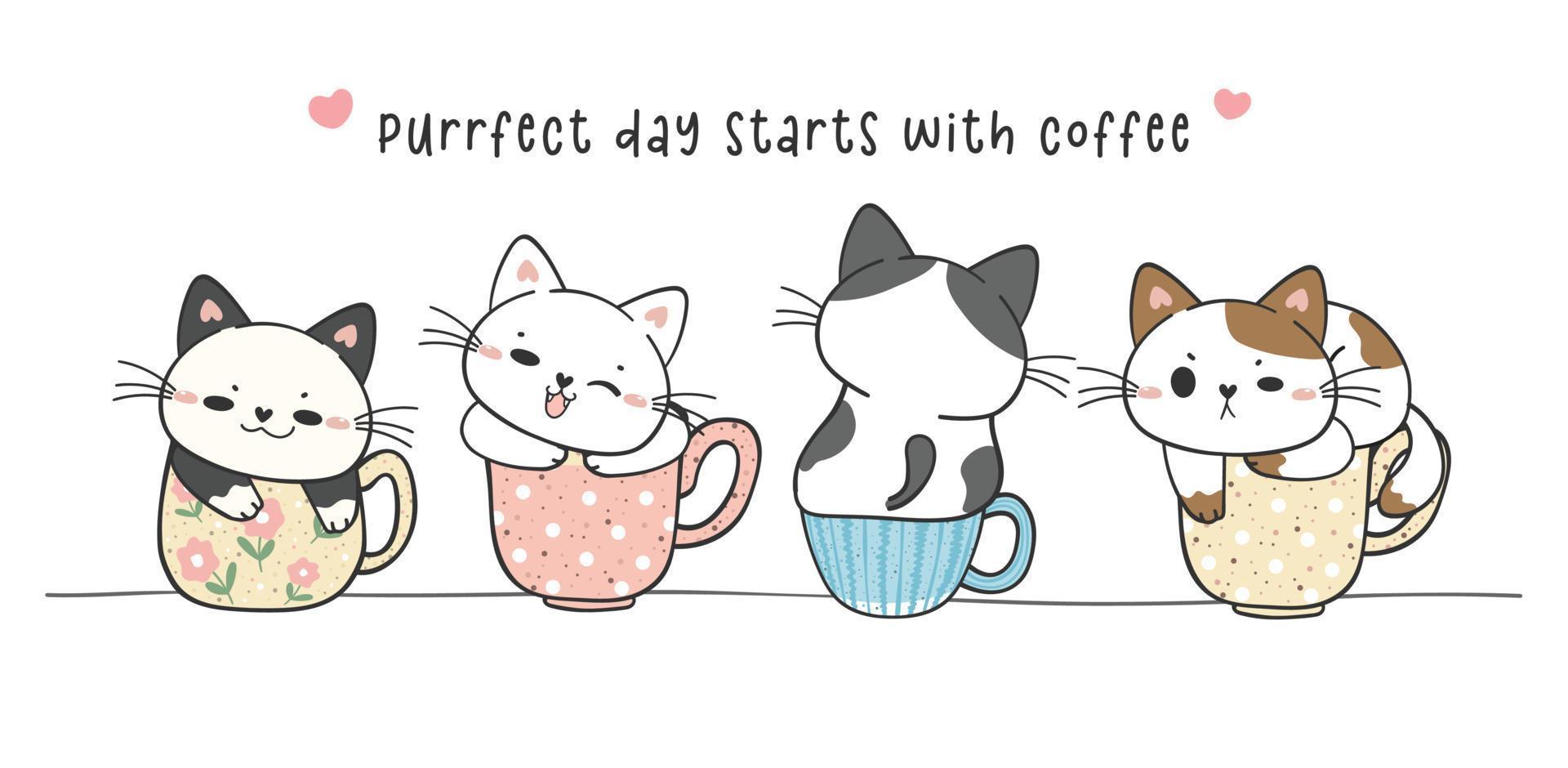 gruppo di gatti gattini simpatici e divertenti seduti sulla collezione di tazze da caffè, giornata perfetta con caffè, adorabile animale domestico disegno a mano doodle vettore