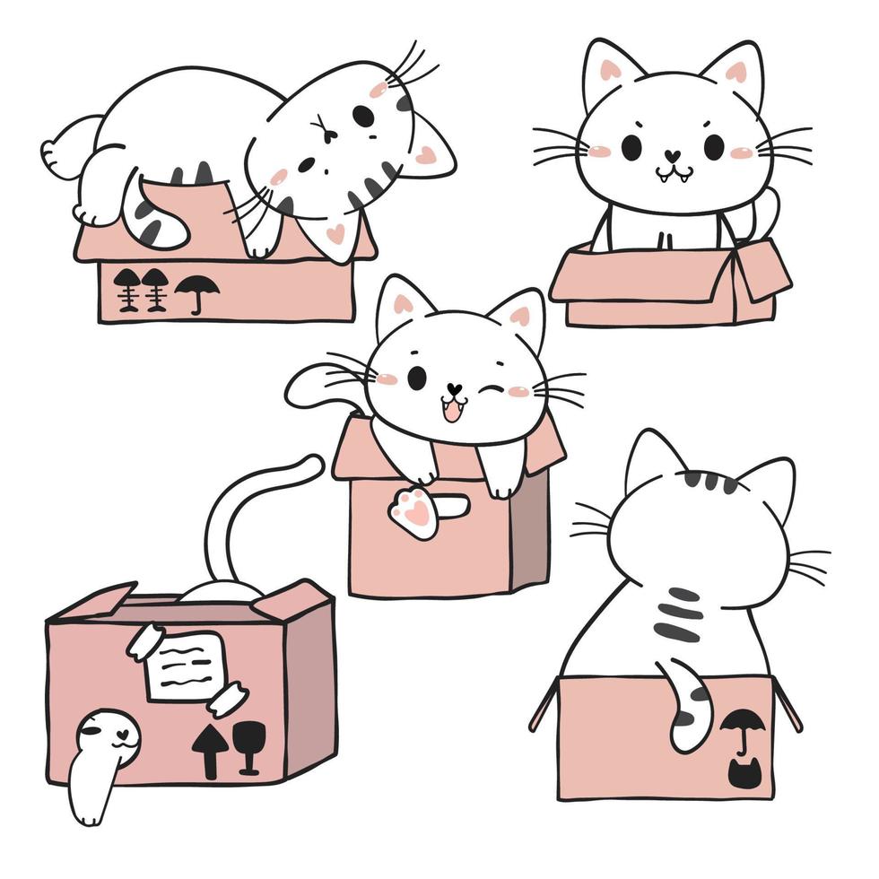 carino divertente gattino bianco giocoso in rosa scatole di cartone collezione, adorabile cartone animato gatto animale domestico disegnato a mano vettore