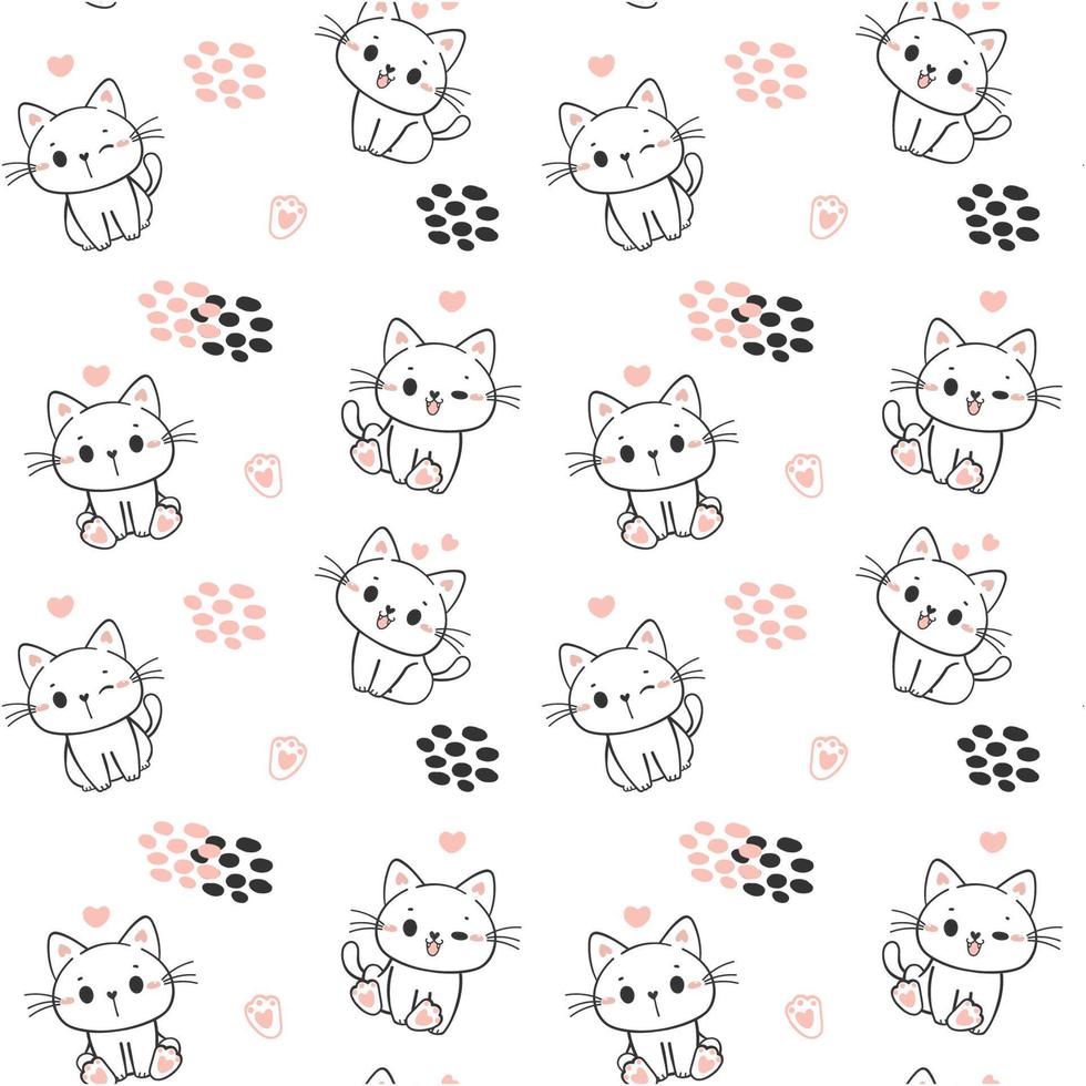 sfondo senza cuciture carino felice sorriso gattino gatto seduto cartone animato doodle disegno a mano isolato su sfondo bianco vettore