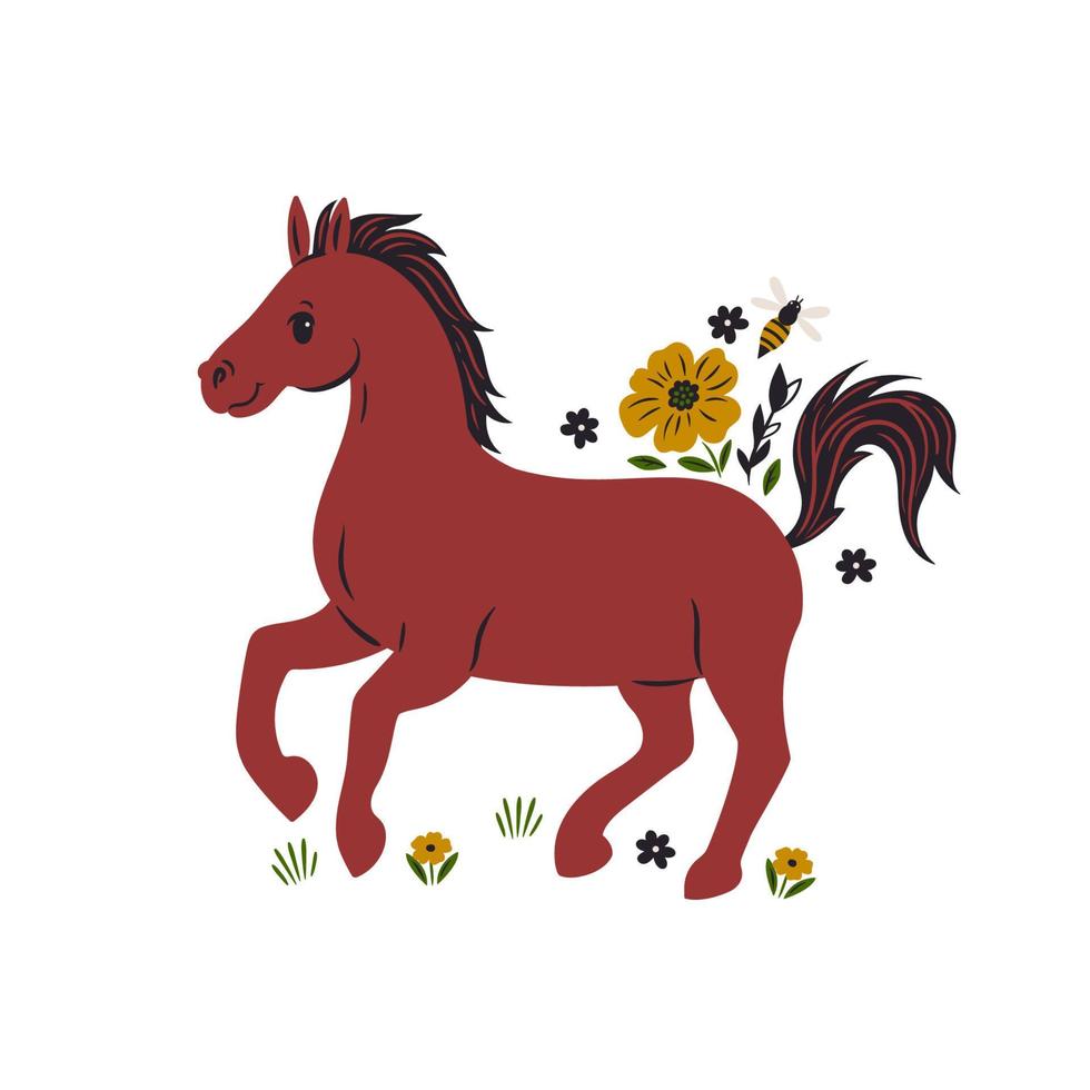 carino cavallo e fiori isolati su sfondo bianco. grafica vettoriale. vettore