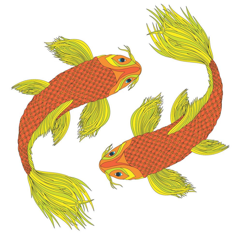 due carpe giapponesi nello stile dei simboli del feng shui. pesci colorati come segno zodiacale. illustrazione a colori. vettore